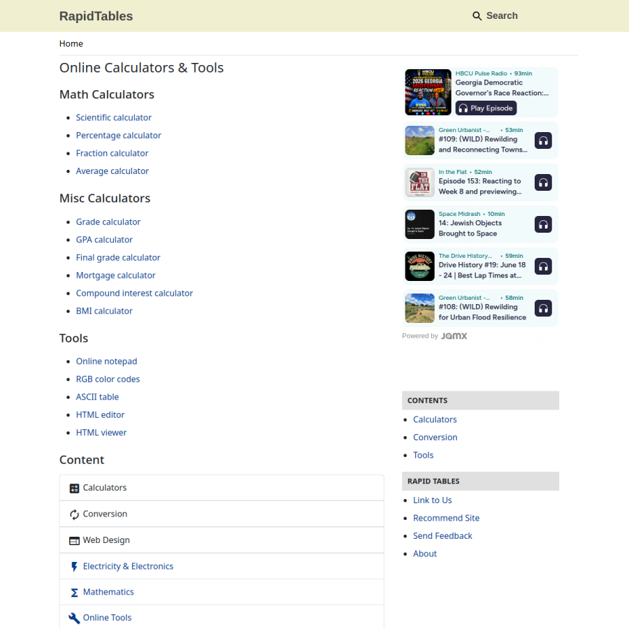 rapidtables.com homepage screenshot