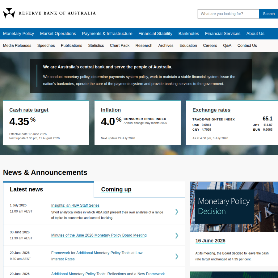 rba.gov.au homepage screenshot