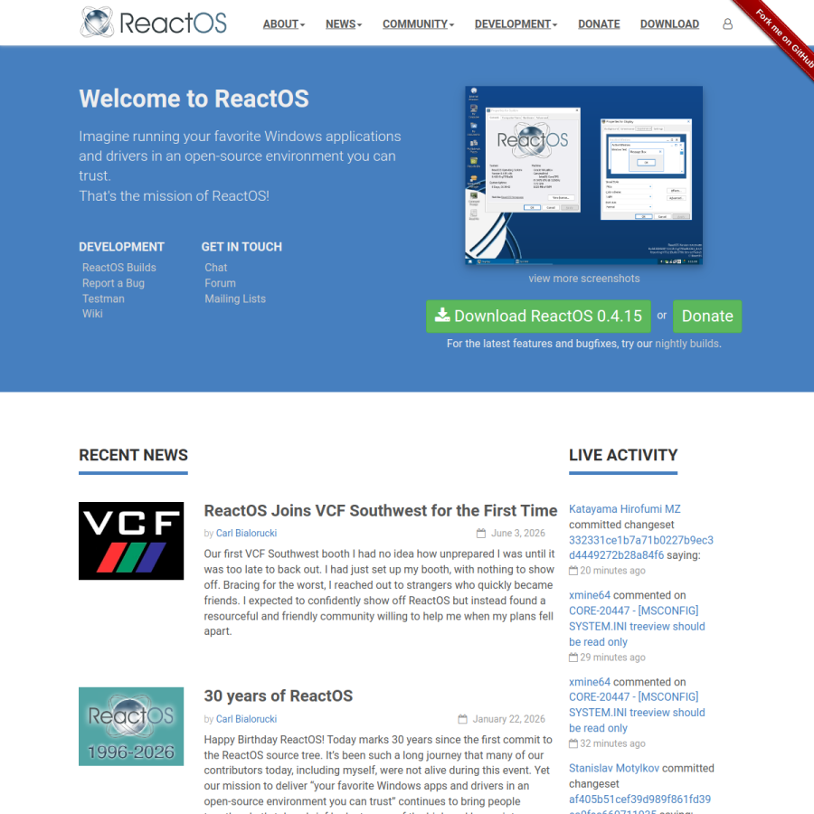 reactos.org homepage screenshot
