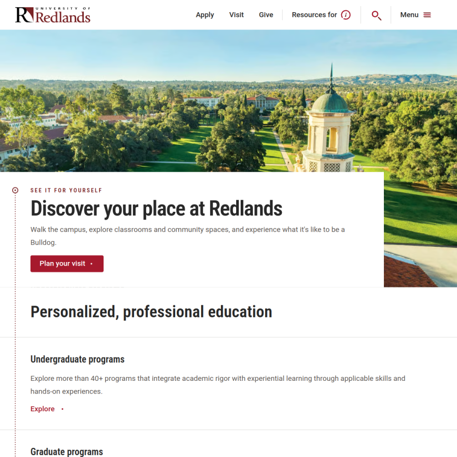redlands.edu homepage screenshot