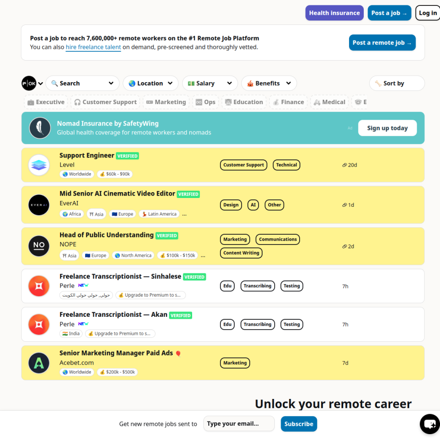 remoteok.com homepage screenshot