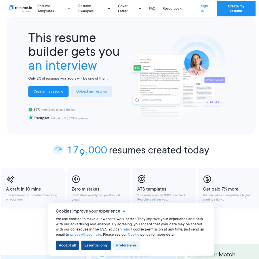 resume.io homepage screenshot