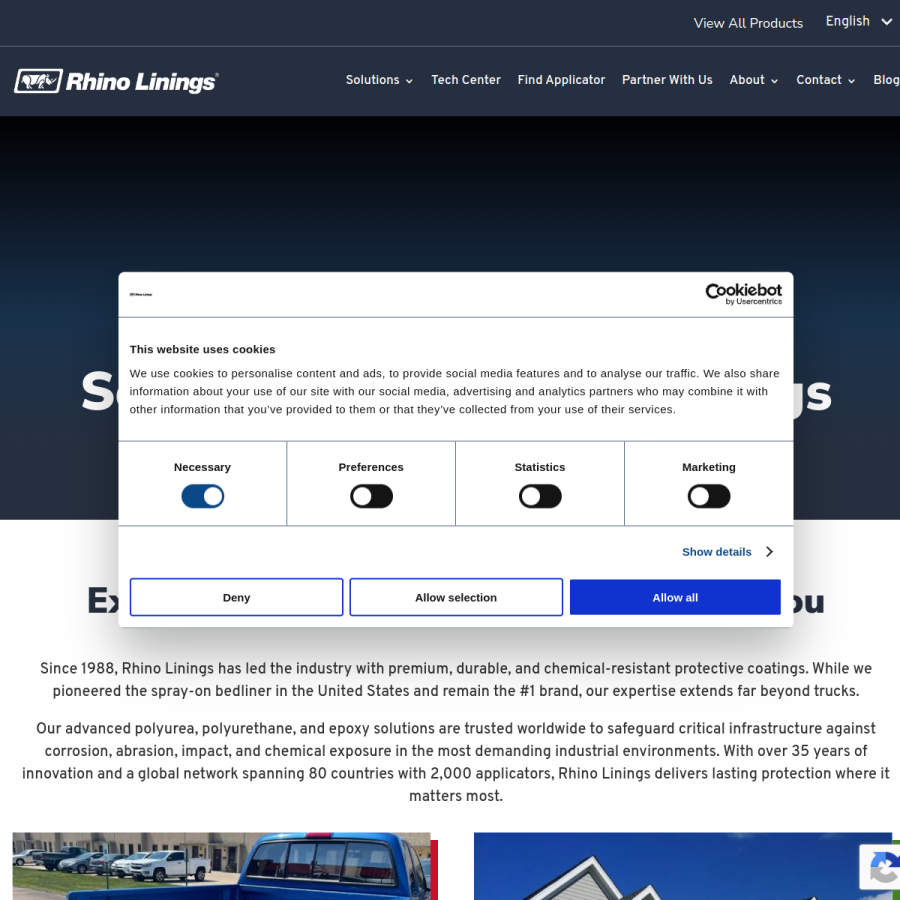 rhinolinings.com homepage screenshot