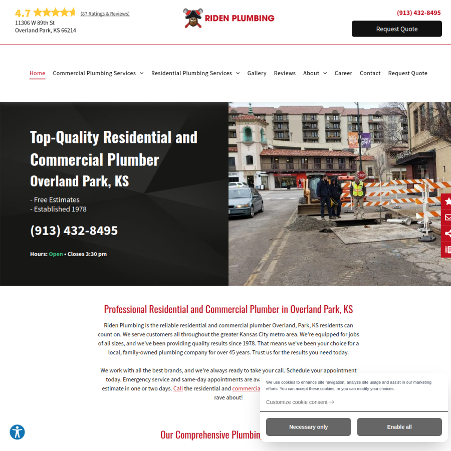 ridenplumbing.com homepage screenshot