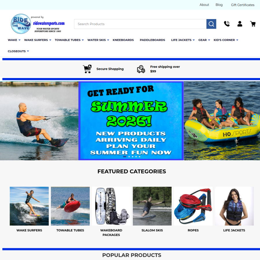 ridewatersports.com homepage screenshot