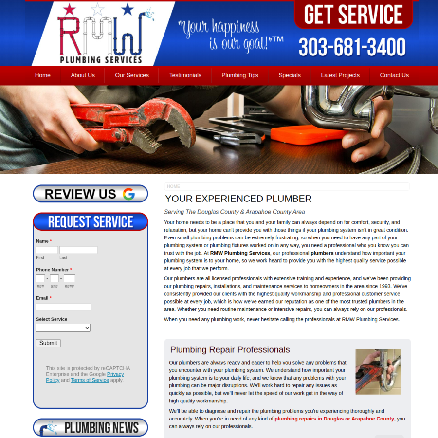 rmwplumbingservices.com homepage screenshot