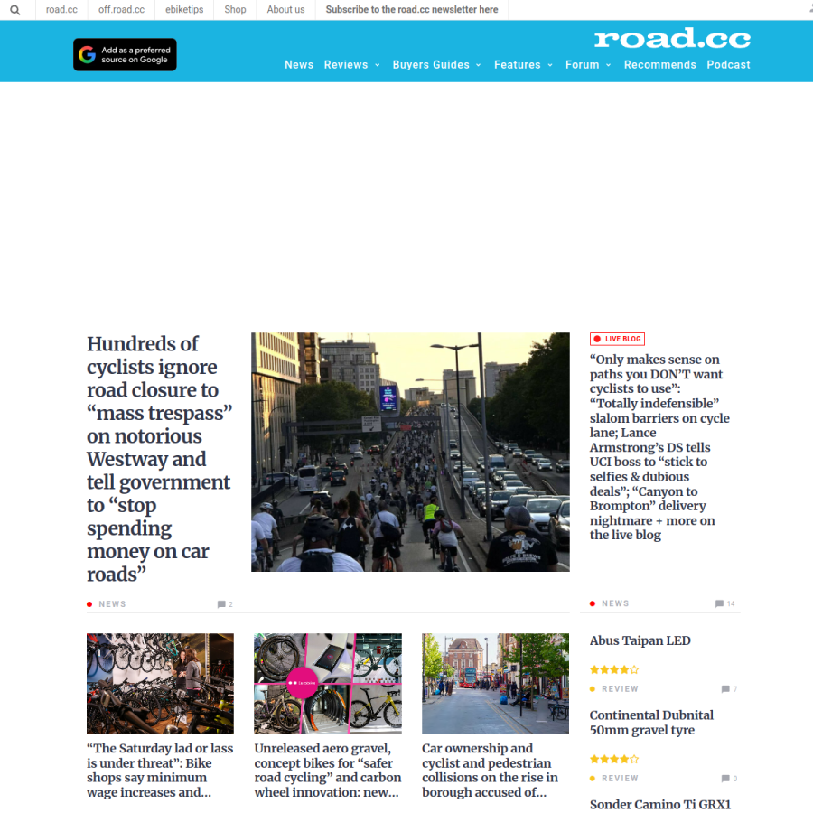 road.cc homepage screenshot