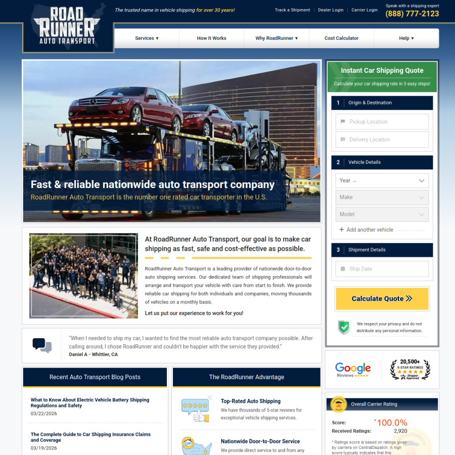 roadrunnerautotransport.com homepage screenshot