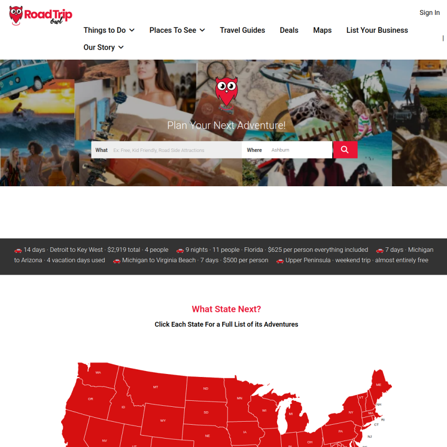 roadtripowl.com homepage screenshot