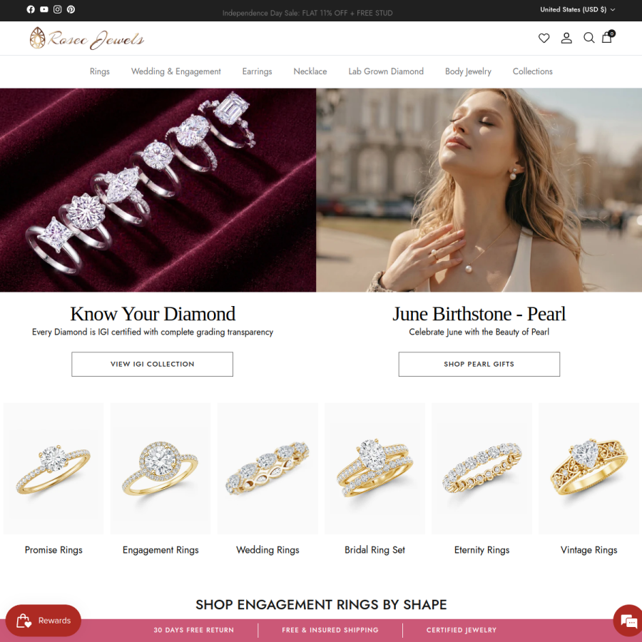 rosecjewels.com homepage screenshot