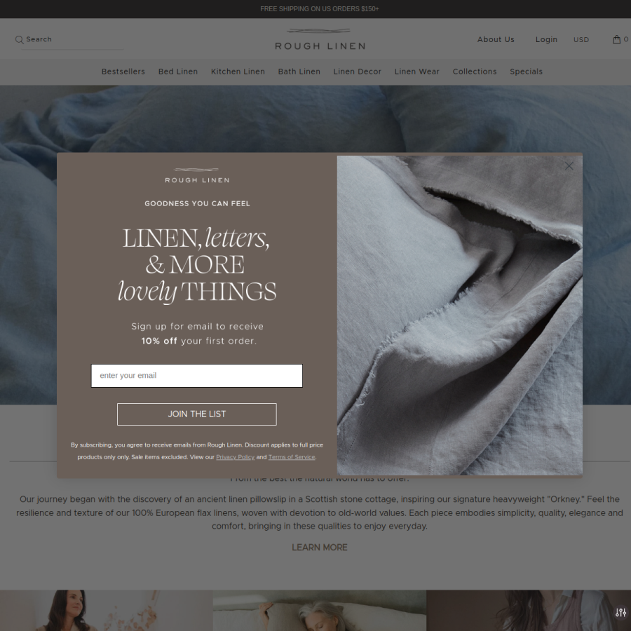 roughlinen.com homepage screenshot