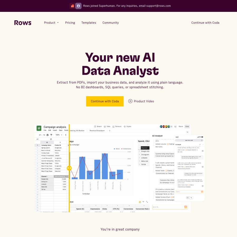 rows.com homepage screenshot