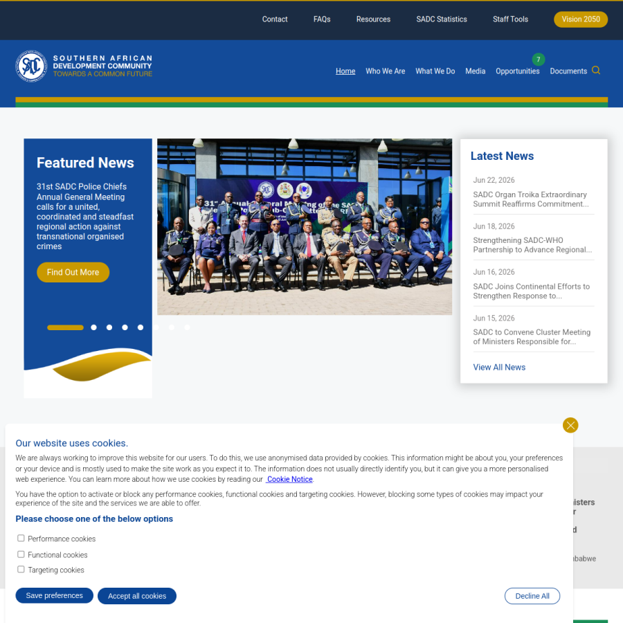 sadc.int homepage screenshot