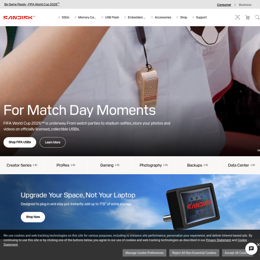 sandisk.com homepage screenshot