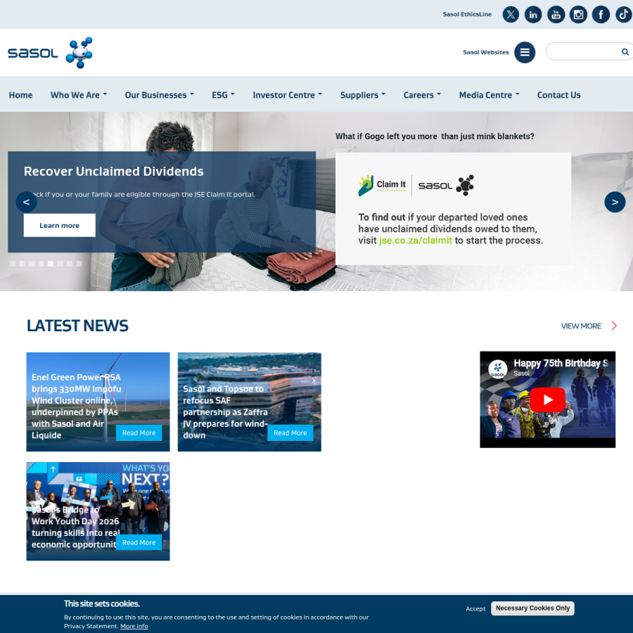 sasol.com homepage screenshot