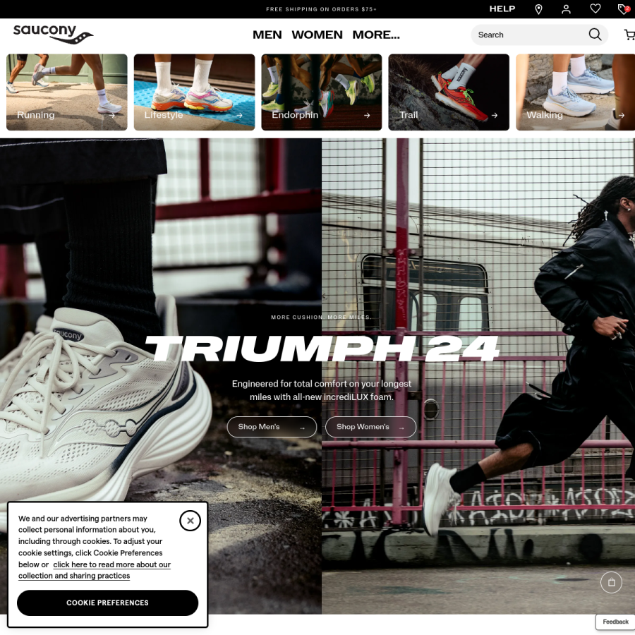 saucony.com homepage screenshot