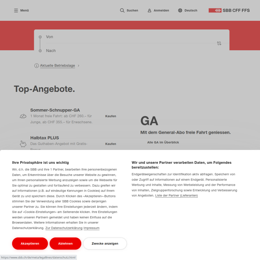 sbb.ch homepage screenshot