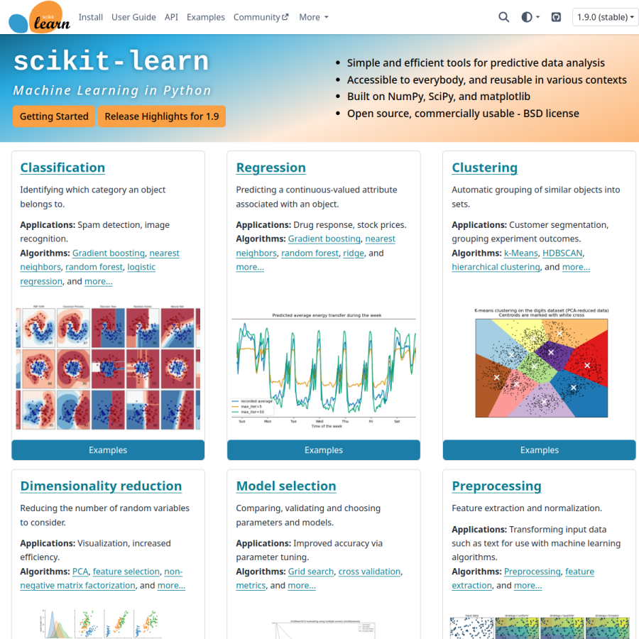 scikit-learn.org homepage screenshot
