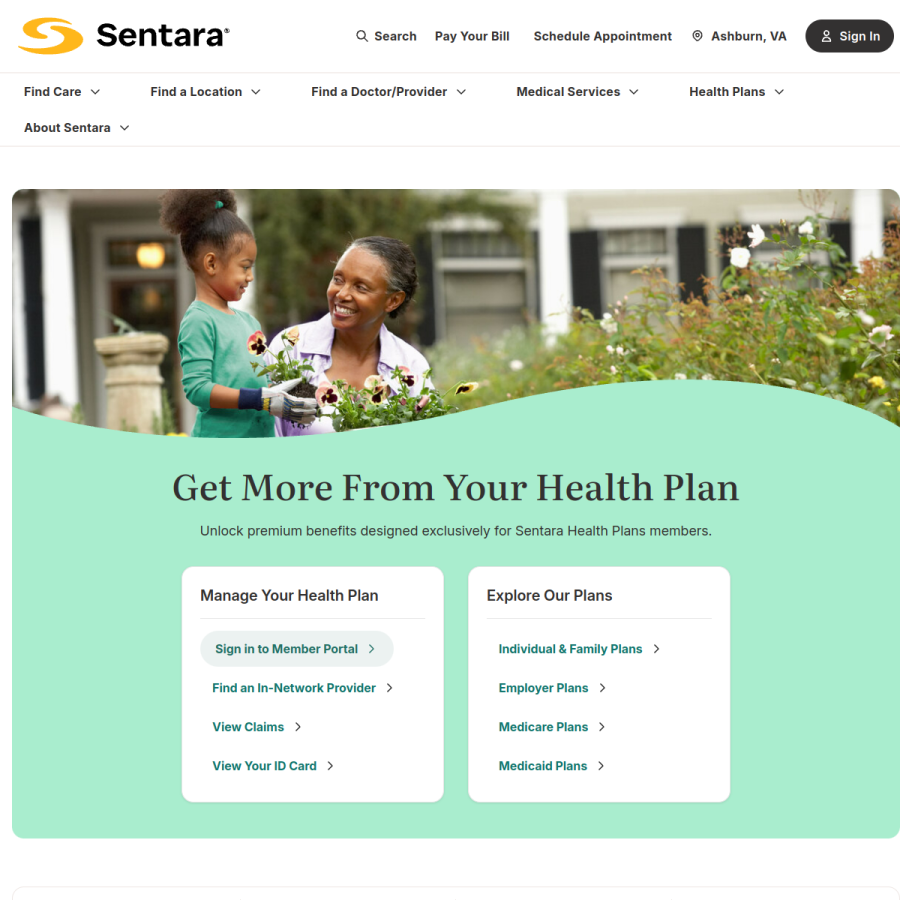 sentara.com homepage screenshot