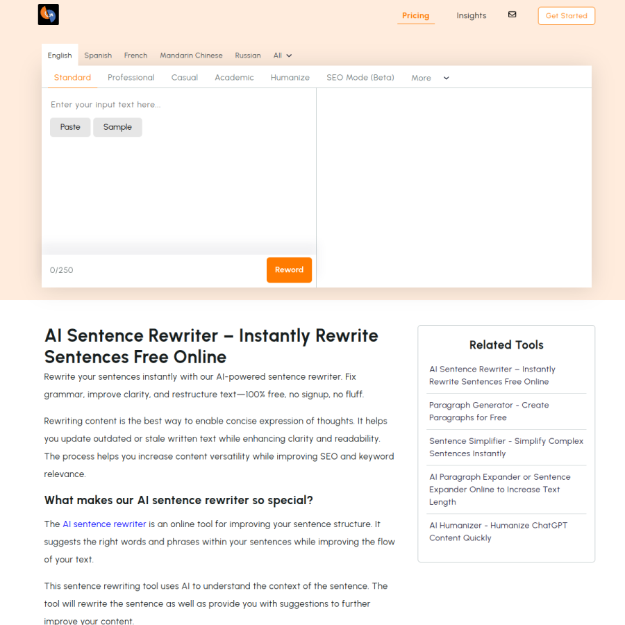 sentencerewriter.net homepage screenshot