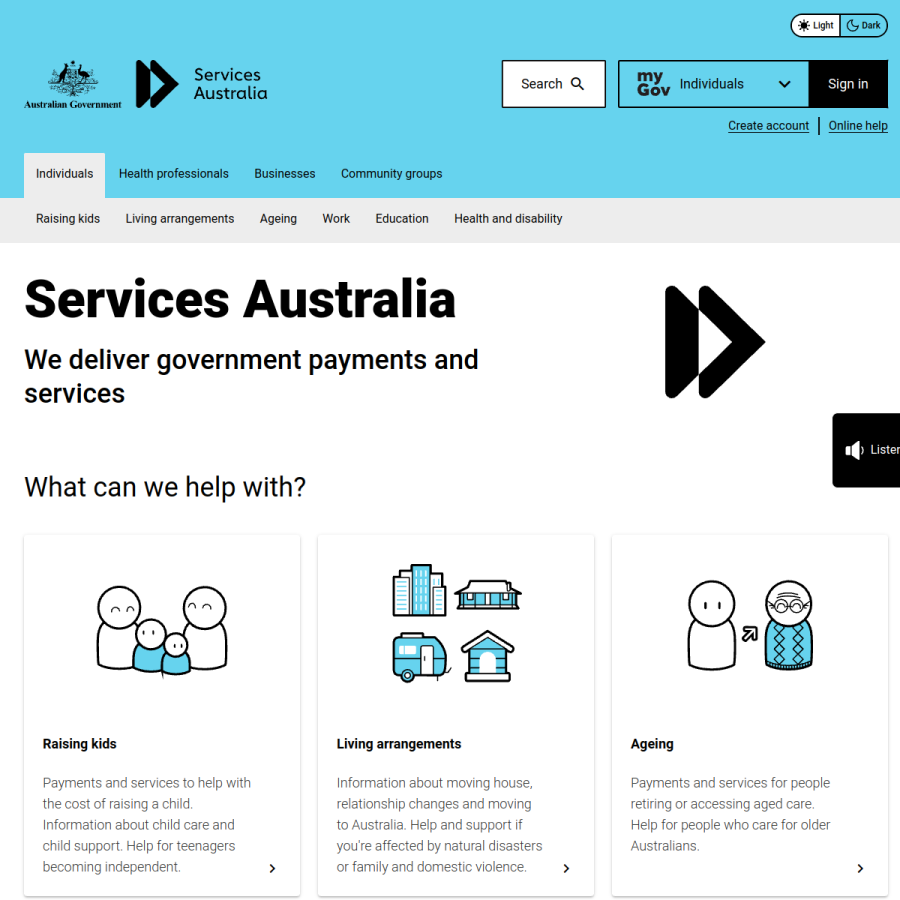 servicesaustralia.gov.au homepage screenshot