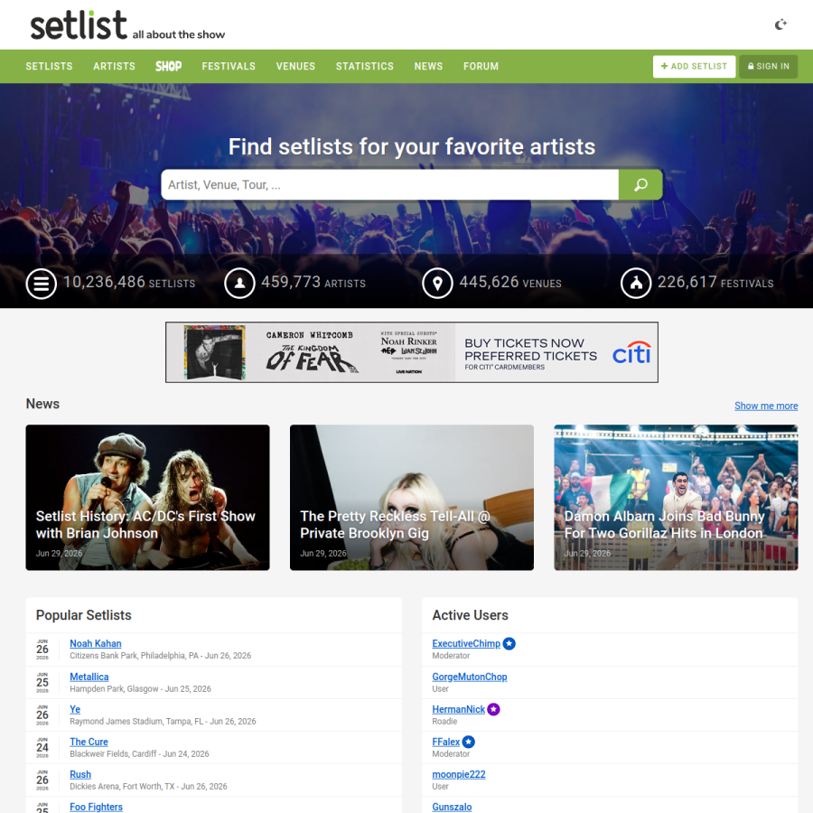 setlist.fm homepage screenshot