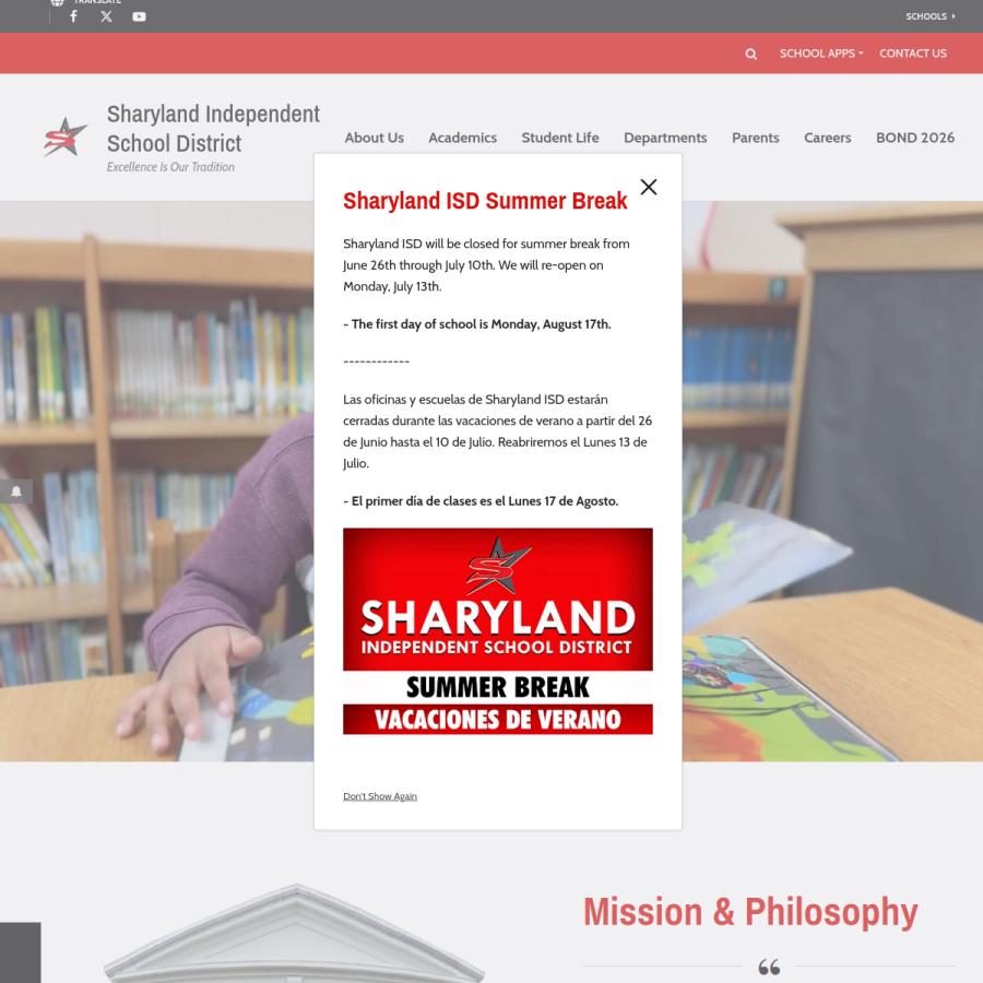 sharylandisd.org homepage screenshot