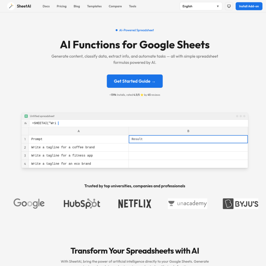 sheetai.app homepage screenshot