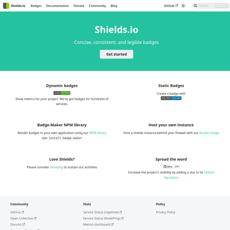 shields.io homepage screenshot