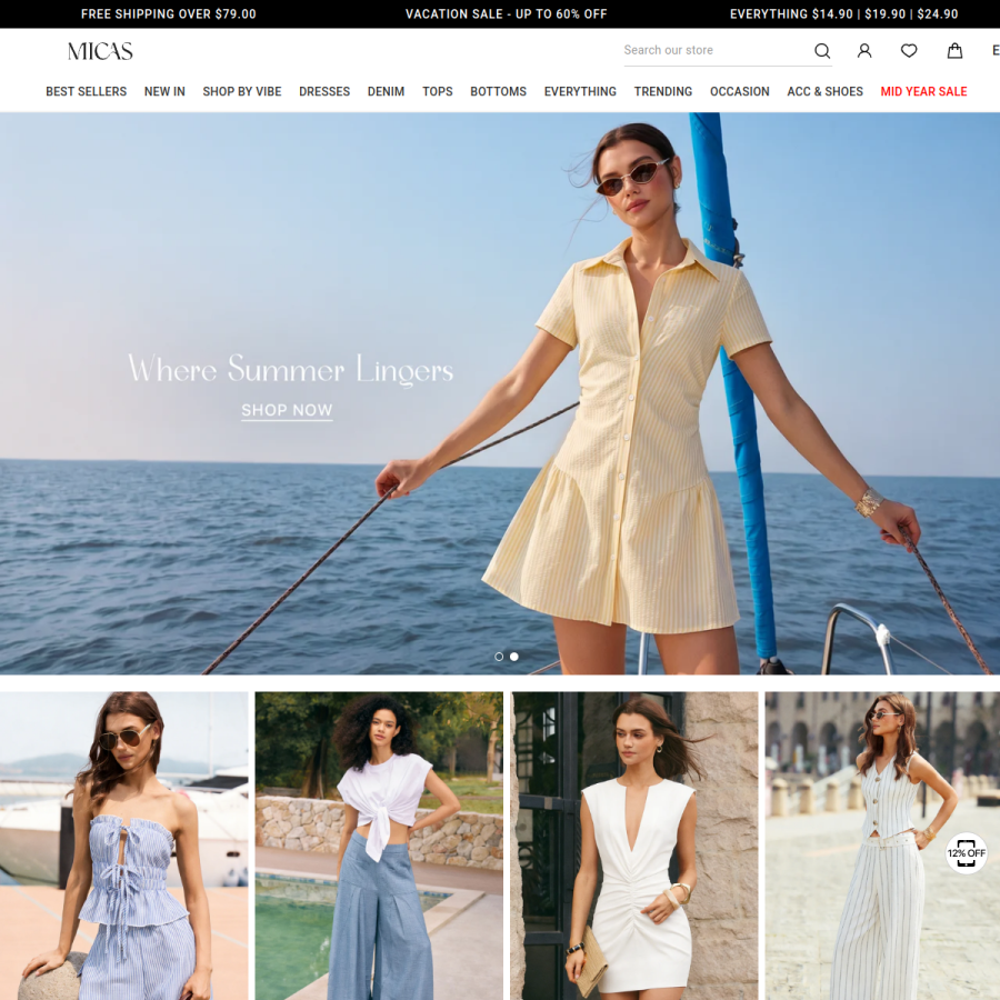shopmicas.com homepage screenshot