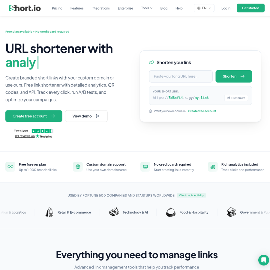 short.io homepage screenshot