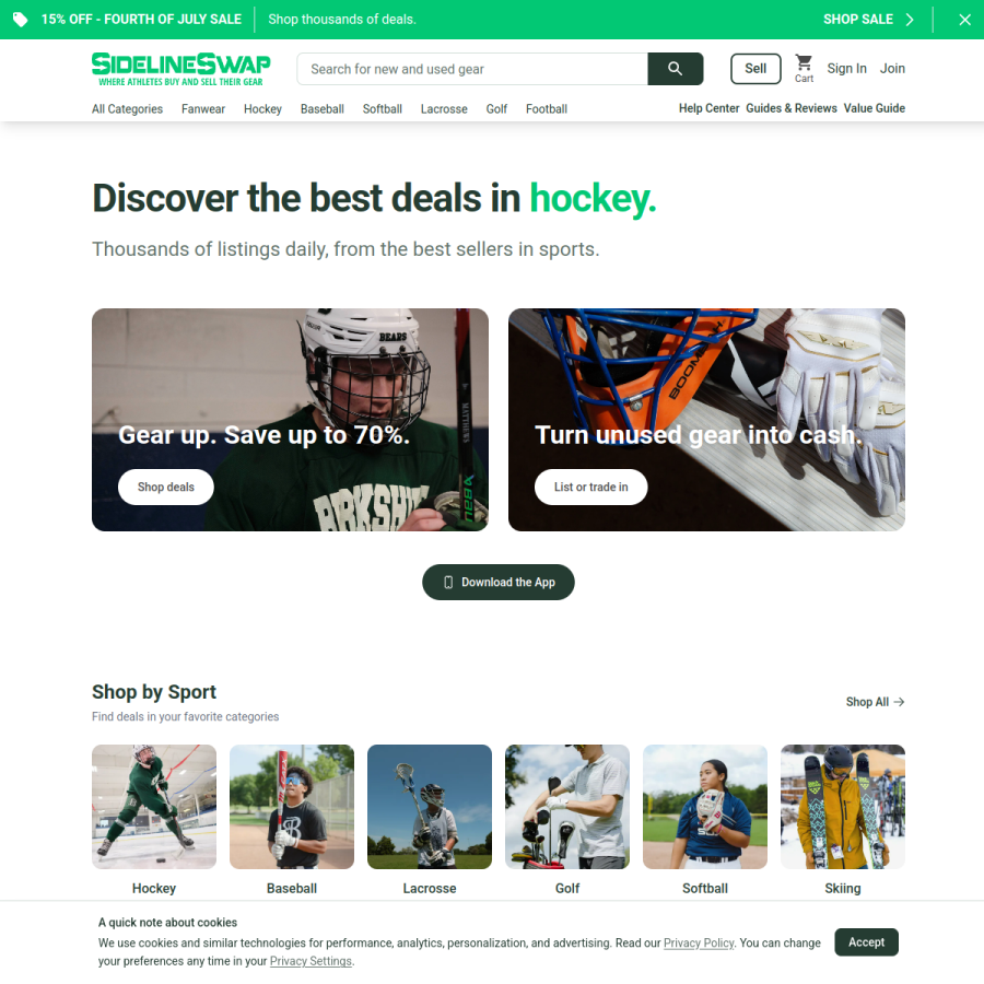 sidelineswap.com homepage screenshot
