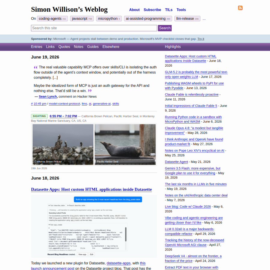 simonwillison.net homepage screenshot