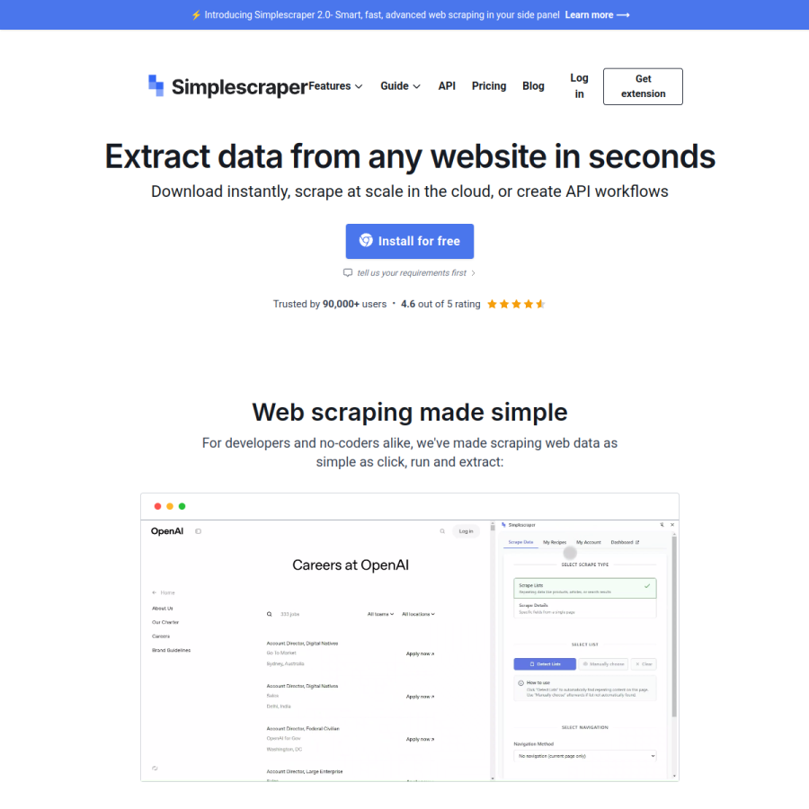 simplescraper.io homepage screenshot