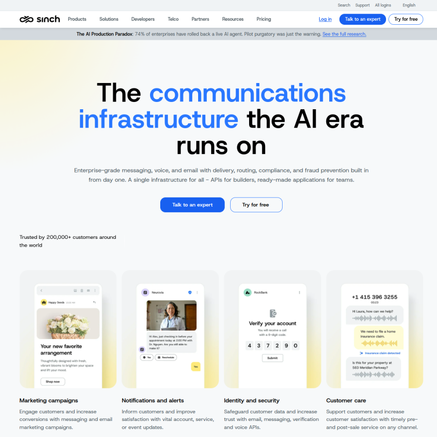 sinch.com homepage screenshot