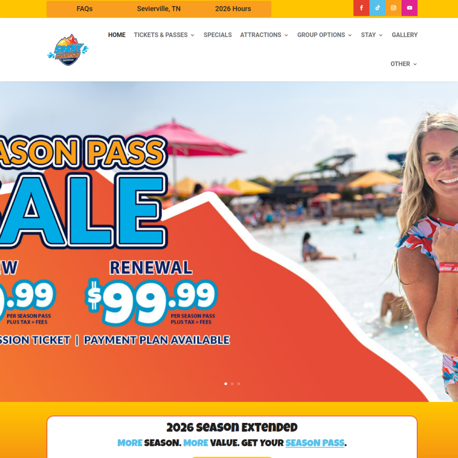 soakymountainwaterpark.com homepage screenshot