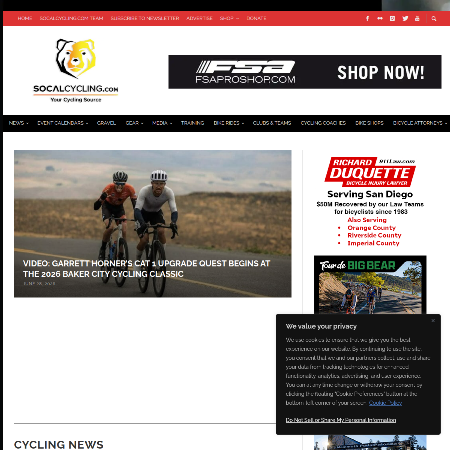 socalcycling.com homepage screenshot