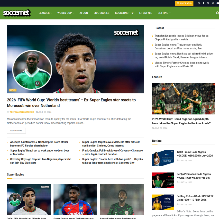 soccernet.ng homepage screenshot