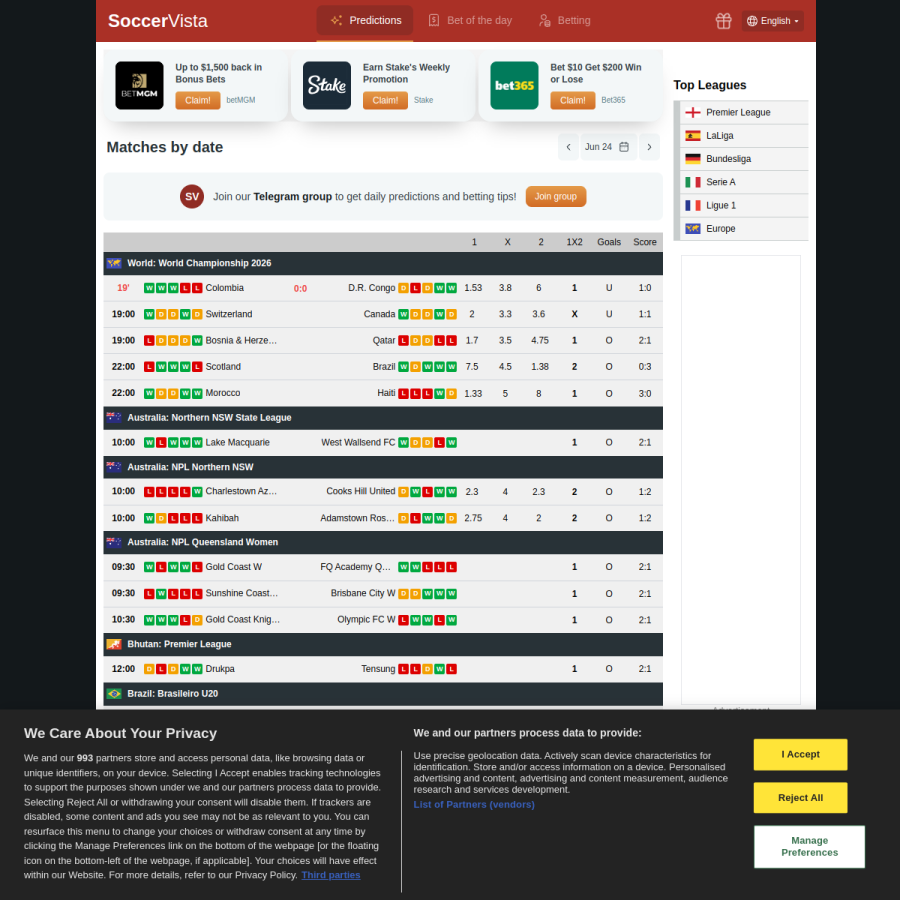 soccervista.com homepage screenshot