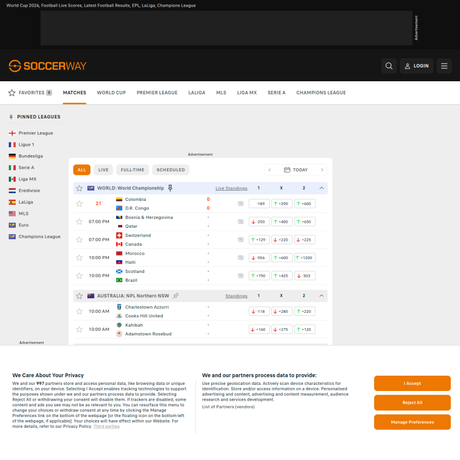 soccerway.com homepage screenshot