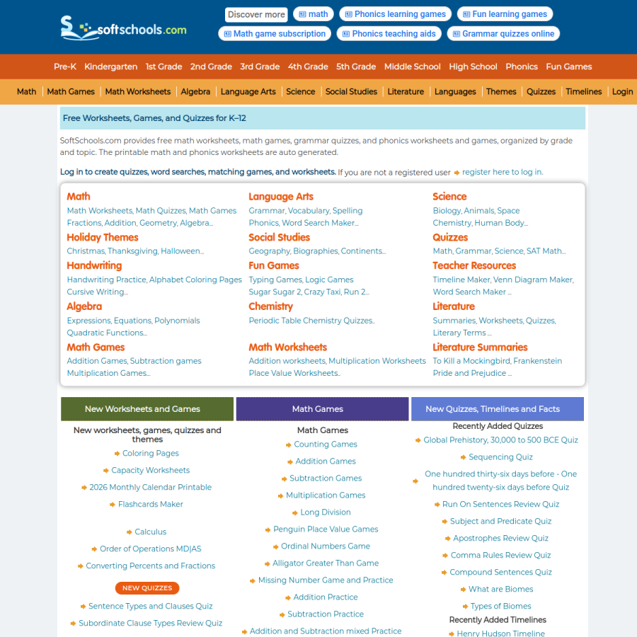 softschools.com homepage screenshot