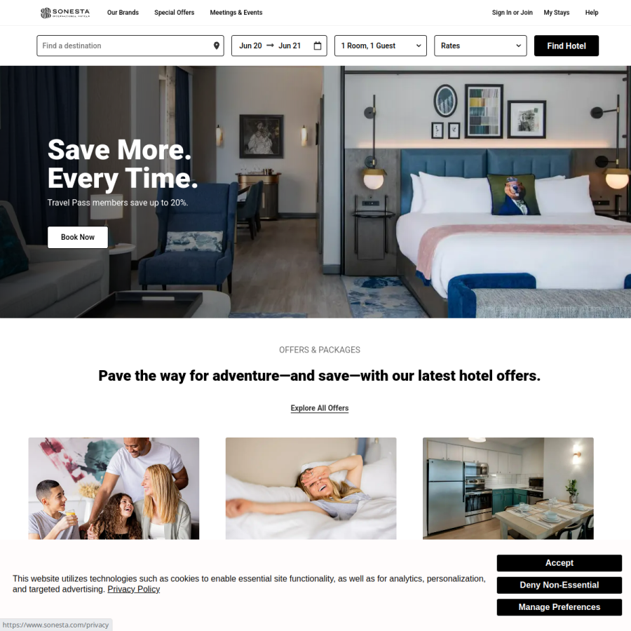 sonesta.com homepage screenshot