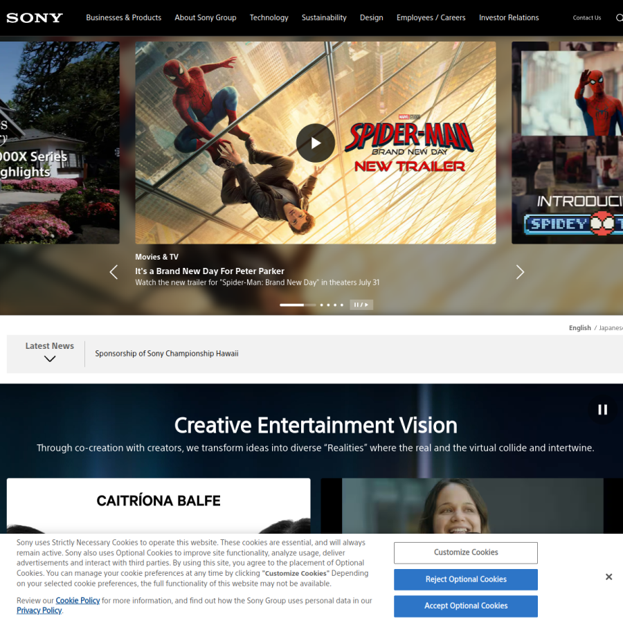 sony.com homepage screenshot