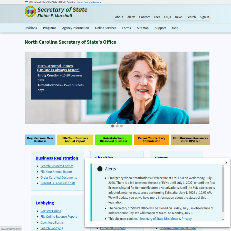 sosnc.gov homepage screenshot