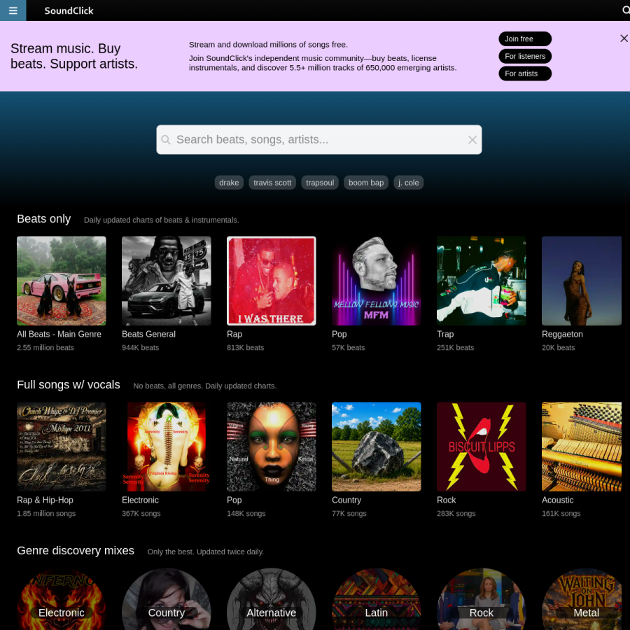 soundclick.com homepage screenshot