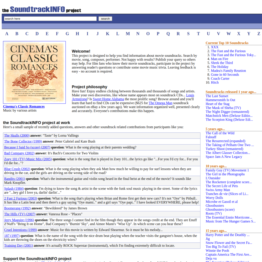 soundtrackinfo.com homepage screenshot