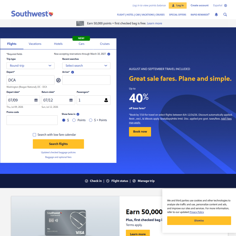 southwestair.com homepage screenshot