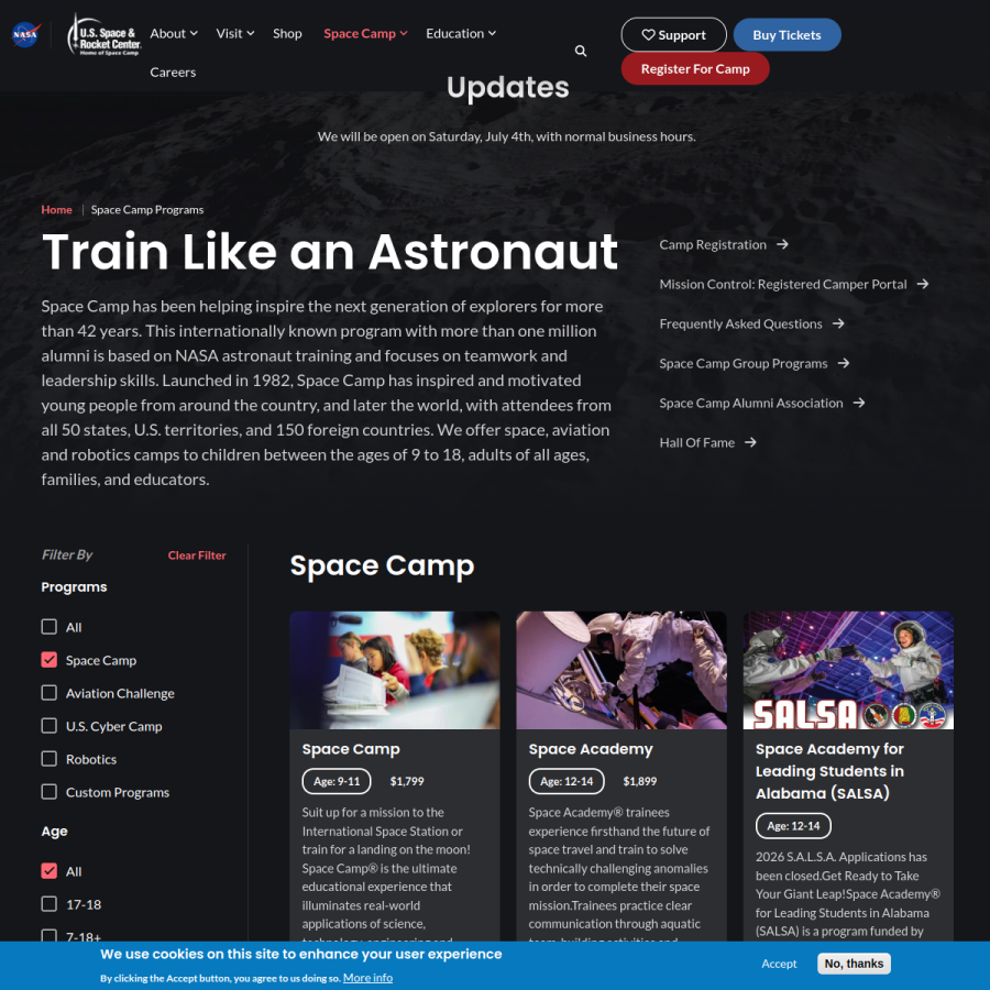 spacecamp.com homepage screenshot