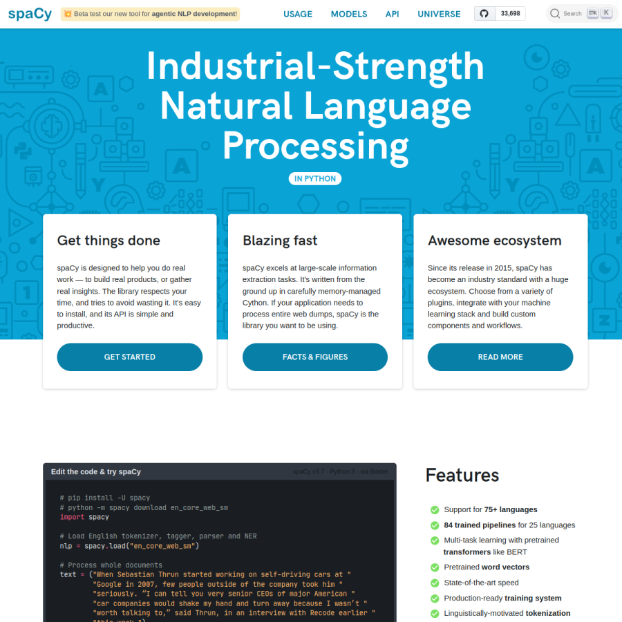 spacy.io homepage screenshot