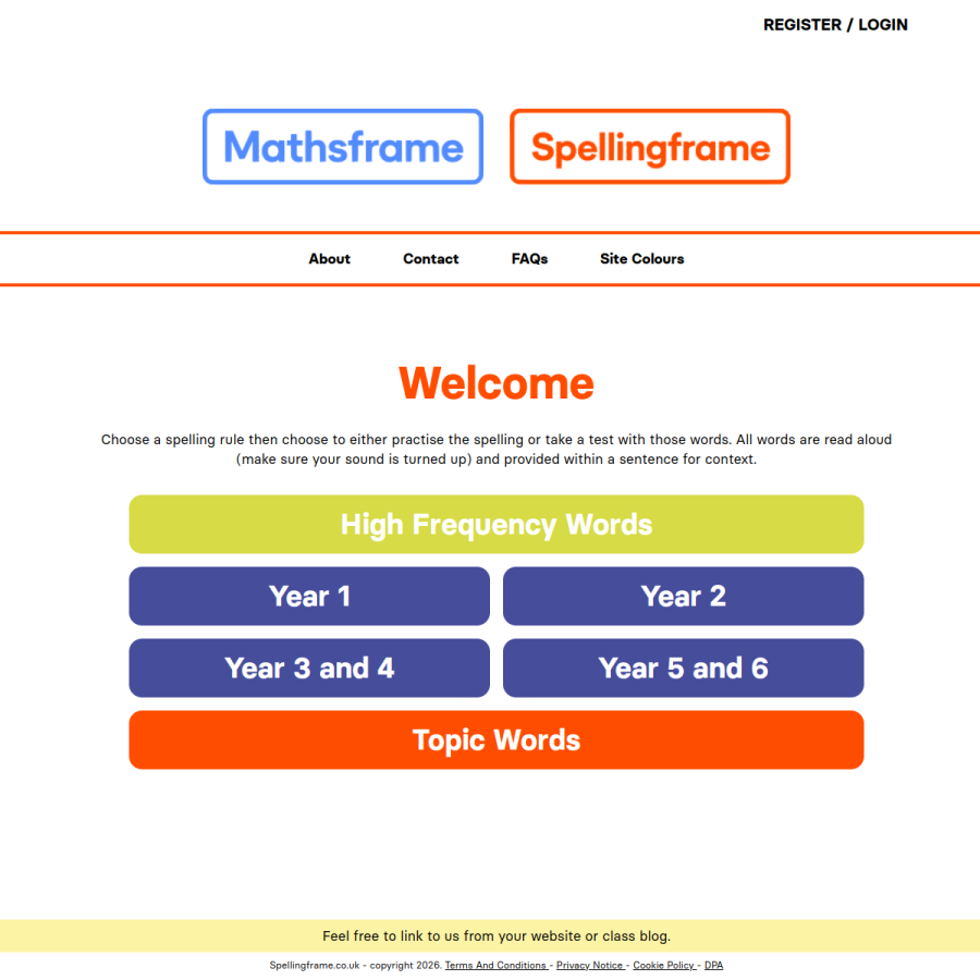 spellingframe.co.uk homepage screenshot